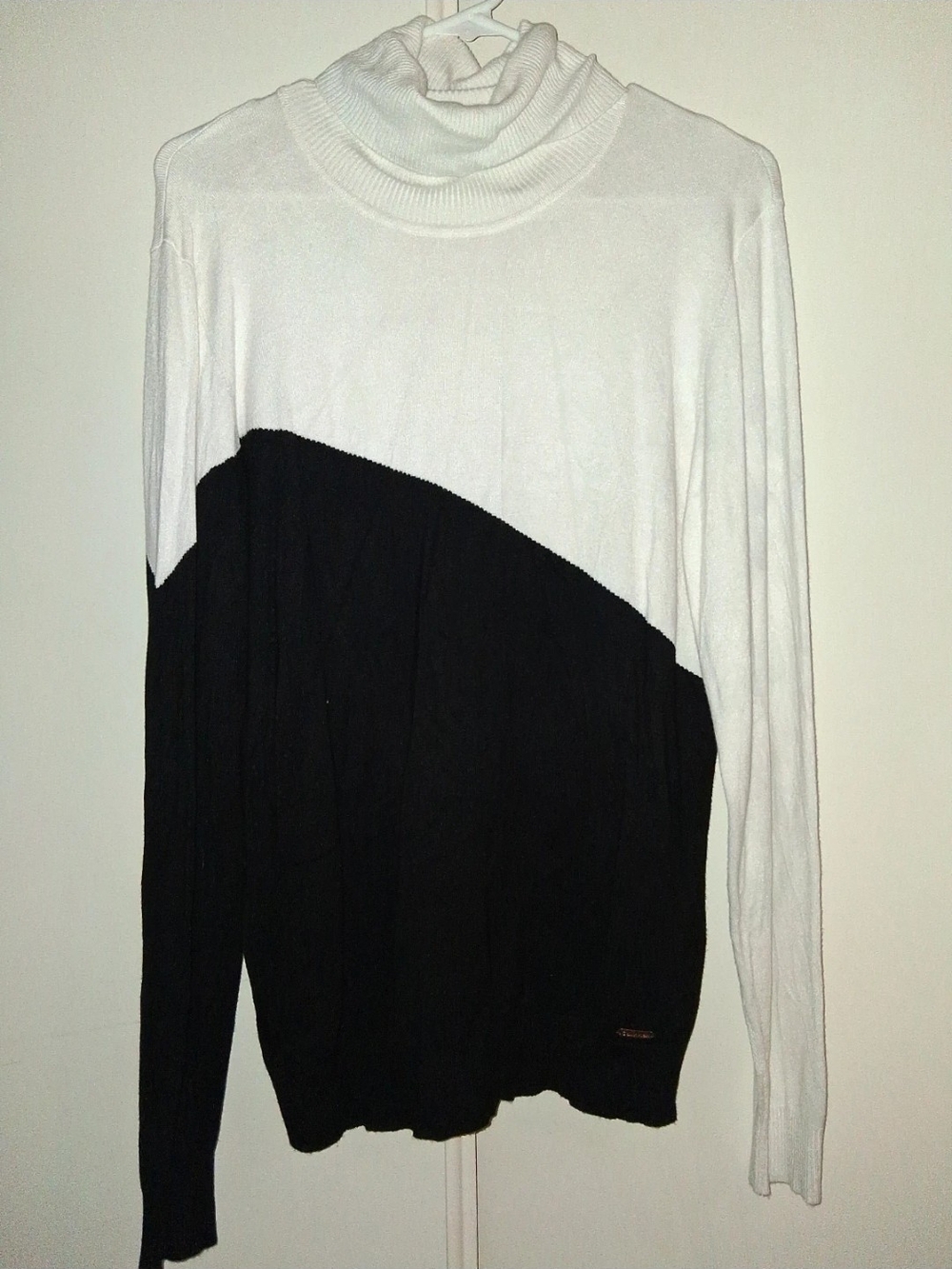 Calvin Klein Black and White Diagonal Turtleneck Sweater